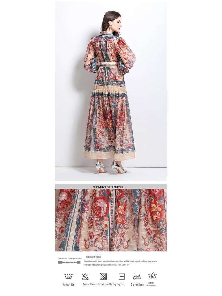 Elegant Classical Court Style Spring 2025 Printed Cinched-Waist Long Dress