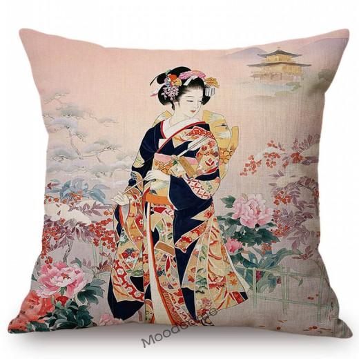 Ancient Japanese Traditional Geisha Oil Painting Art Home Decorative Sofa Throw Pillow Case Beautiful Girl Linen Cushion Cover