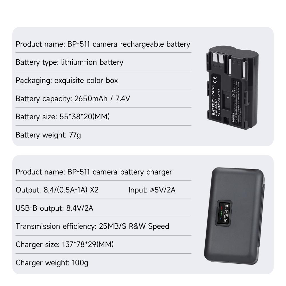 PALO 2650mAh BP 511 BP-511 BP511 Battery+Multi-Function Charger Battery Storage Box For CANON EOS 40D 300D 5D 20D 30D 50D 10D D60 G6