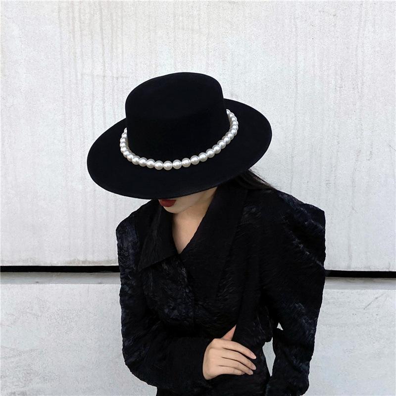 Retro New Pearl French Woolen Top Hat Big Brim Autumn and Winter Socialite Hepburn Black British Hat Flat Top