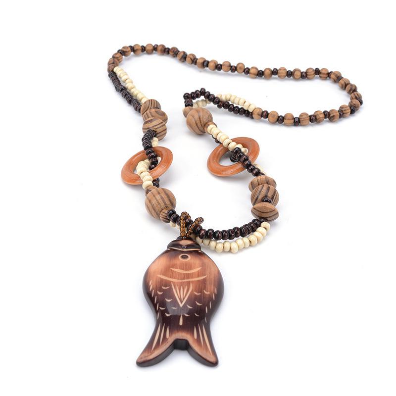 JMXD Handmade Wooden Fish Pendant Necklace Long Boho Beaded Sweater Chain Unisex Ethnic Retro Gift Lightweight Summer Trend