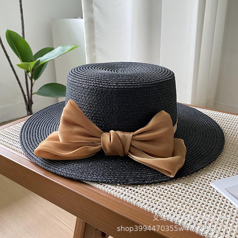 Hat Women's New Spring and Summer Straw Bow Straw Hat Versatile Flat Top Sunscreen Sun Hat Tide