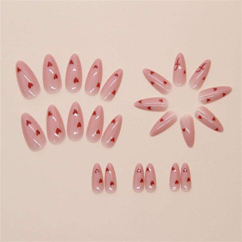 24 Pcs Valentines Day Press On Nail Glossy False Nail Heart Artificial Nail Almond Shape Full Cover Stick on Nail