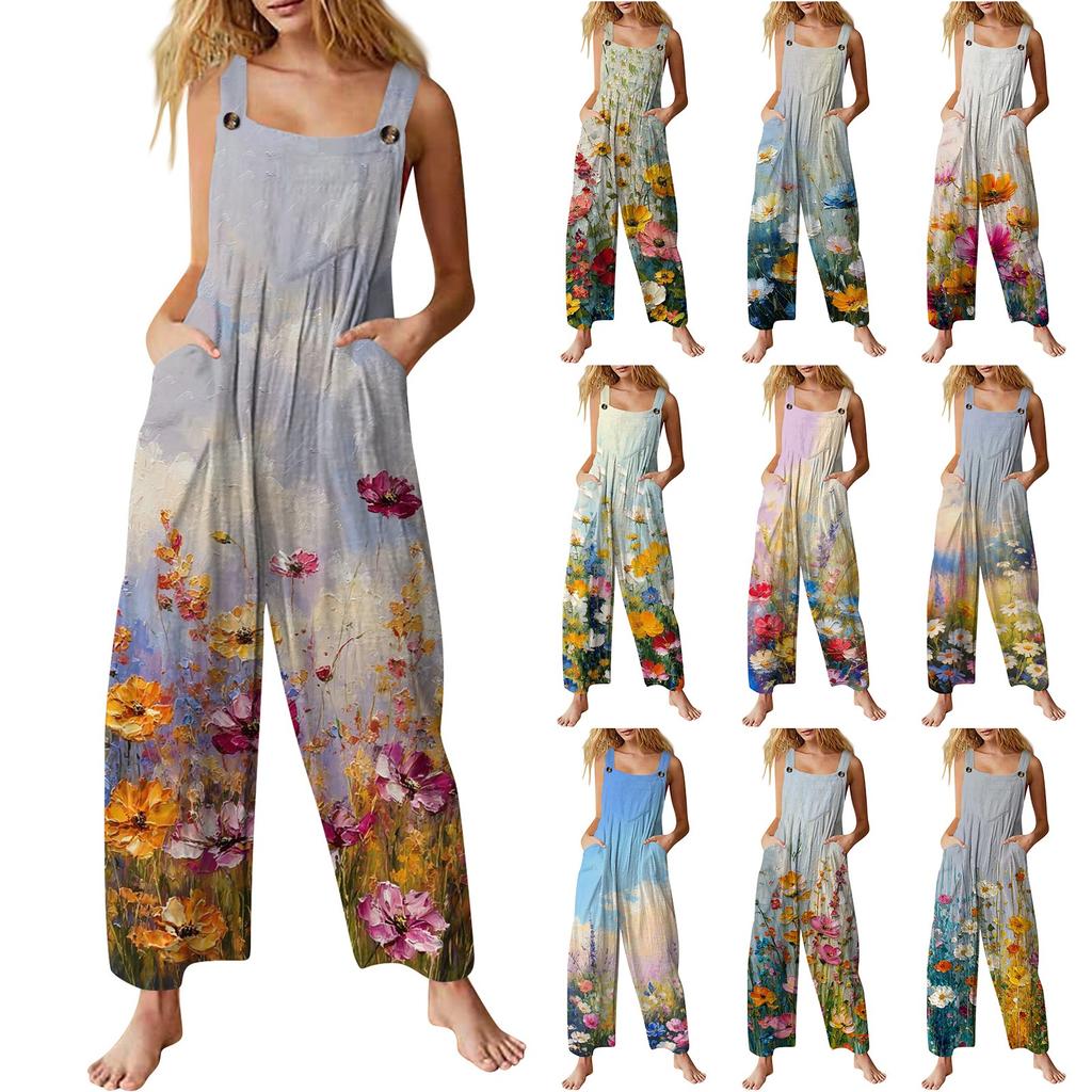 Women's Casual Jumpsuit, Sleeveless Printed Cotton Jumpsuit