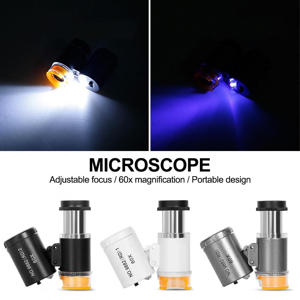 60X Mini Magnifier Pocket Microscope with LED UV Light Jewelry Magnifying Glass Jewelers Eye Loupe For Diamond Coins Currency