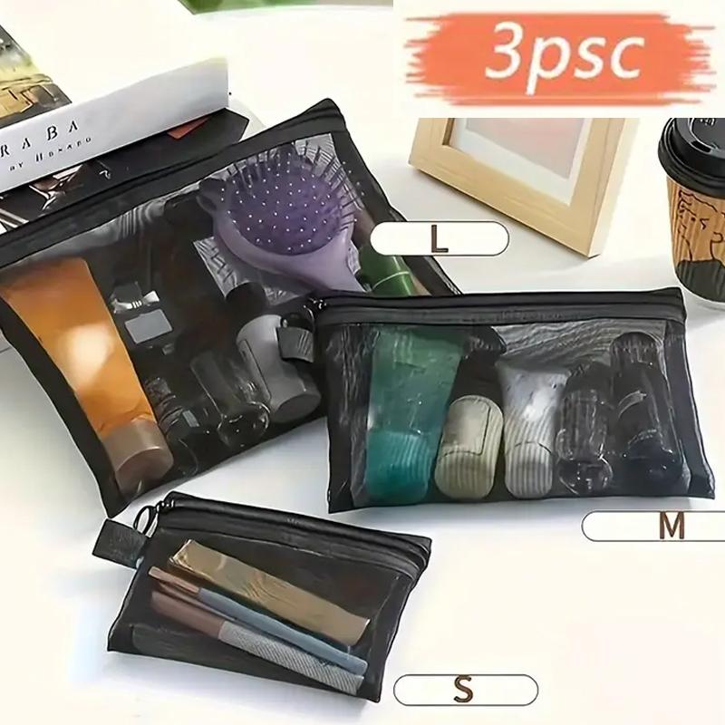 3pcs Black Nylon Mesh Cosmetic Bag Zipper Toiletry Organizer Makeup Bags Multifunctional Women Lipstick Key Coin Purse Pouch