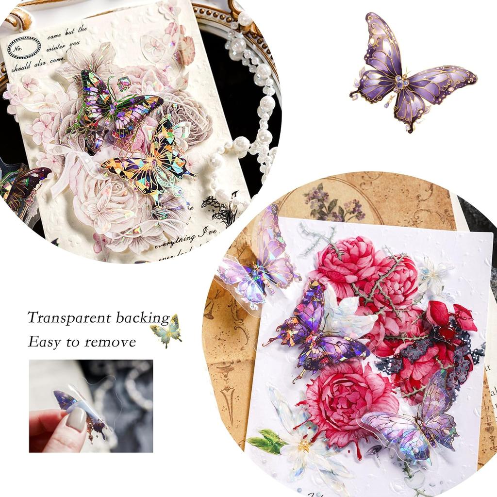 120 Pieces With 6 Themes Butterfly Stickers Set -Gorgeous Crystals Holographic Transparent Resin Waterproof Sticker Decals