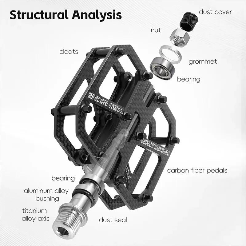 WEST BIKING Carbon Fiber Bicycle Pedals T700 Ultralight Titanium Axle 3 Bearings 2-sided Non-skid Stud MTB Road Bike Accessories