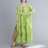 Summer New Literary Age Reduction Large Size Loose and Thin Printed Short-sleeved Long Dress with Pockets Over the Knee Skirt