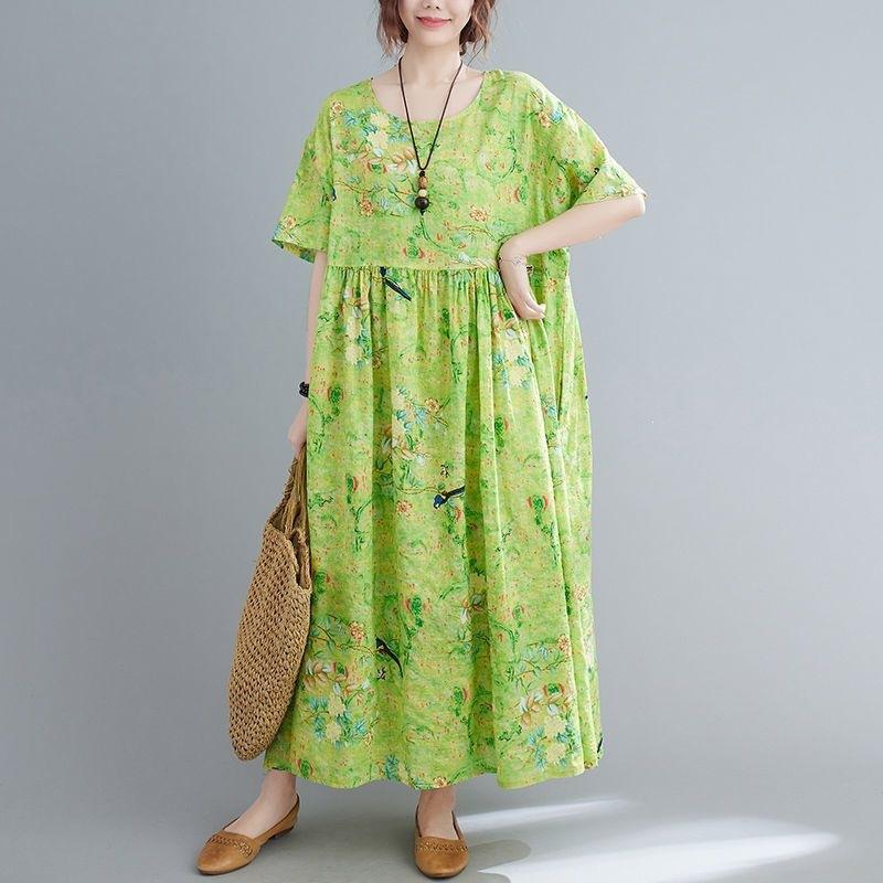 Summer New Literary Age Reduction Large Size Loose and Thin Printed Short-sleeved Long Dress with Pockets Over the Knee Skirt
