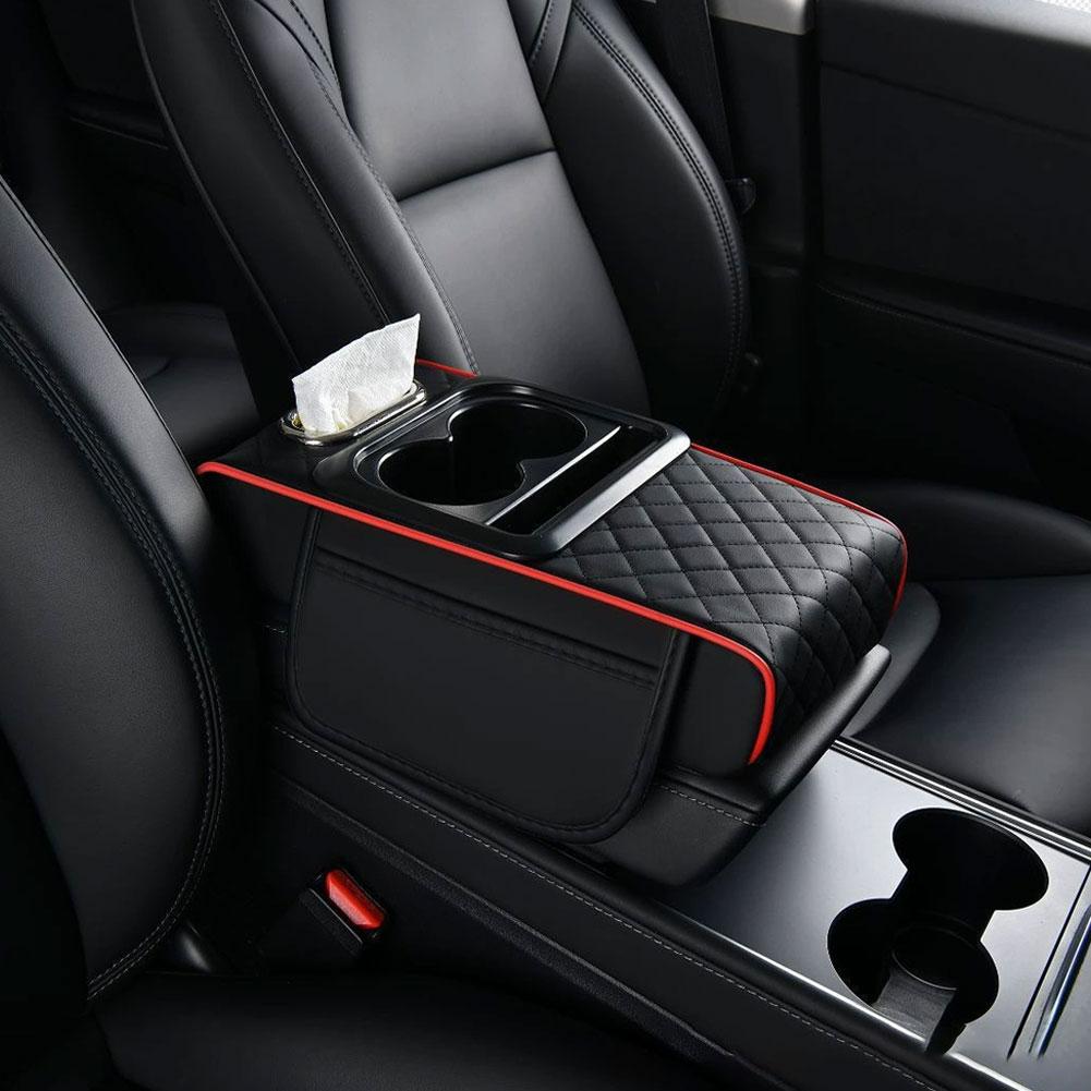 PPU Leather Car Armrest Box Organizer 5 in 1 Design Memory Foam Padding Cup Holder Paper Towel Slot Universal Fit for SUV Sedan