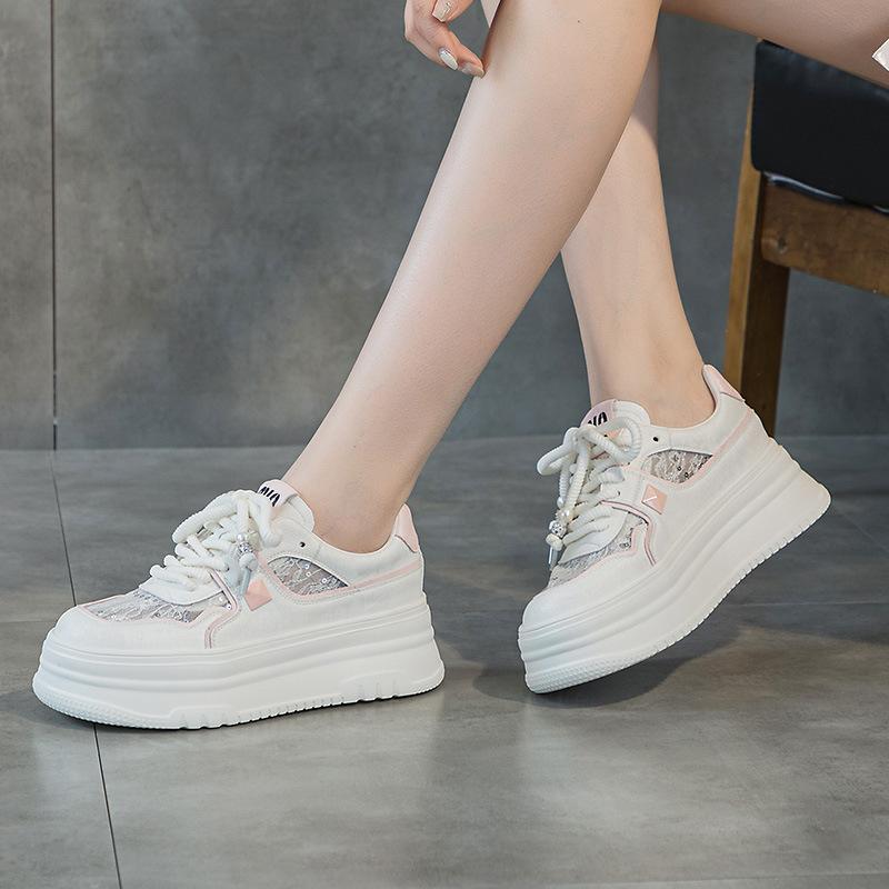 Fashion Mesh white shoes for women 2025 new spring hot items versatile sports genuine leather lace mesh sole board shoes
