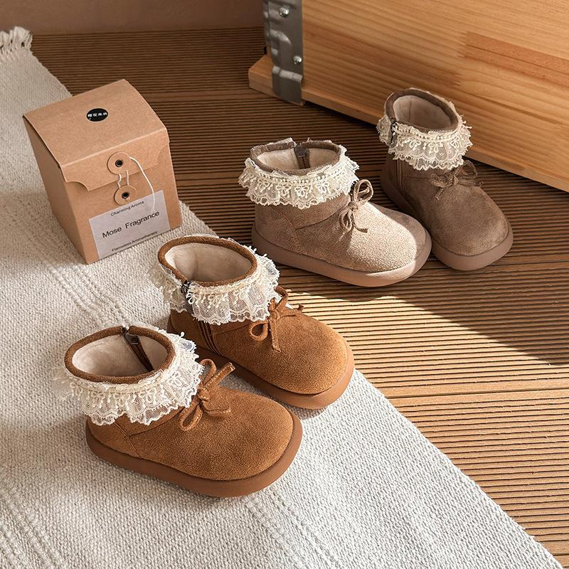 Korean-style girls' plush bow short boots, new autumn and winter children's shoes, girls' princess cotton shoes, baby shoes