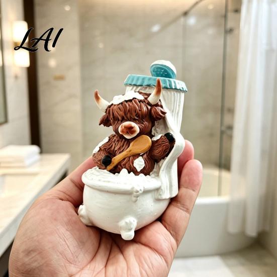 Farmhouse Style Figurine Highland Cow Bathroom Figurine Resin Scottish Calf Bathing Statue Funny Gifts Animal Ornament for Home Office Tiered