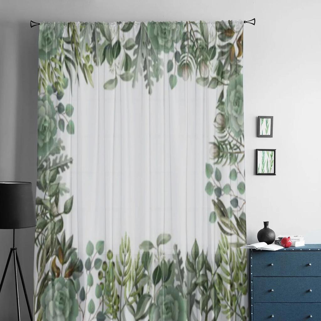 Leaves And Succulent Watercolor Style Sheer Curtains For Living Room Kids Bedroom Tulle Curtains Kitchen Window Treatment Drapes
