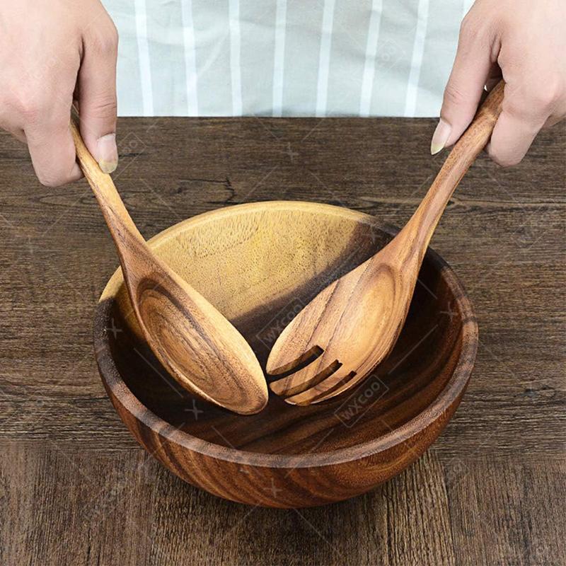 2Pcs Wooden Salad Spoons Acacia Salad Tongs Durable Wood Salad Mixing Dinner Fork And Spoon Long Handle Salad Server Spoons Set