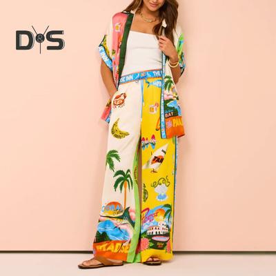 2-teiliges Set mit Hemd und Hose im Hawaii-Urlaubsstil, farbenfroher Aufdruck, einreihiges Oberteil mit kurzen Ärmeln und Revers, hohe elastische Taille, Hose mit weitem Bein