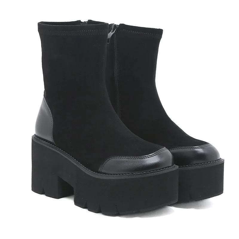 Fashion Fashion Black Ankle Boots For Women Thick Heels Spring Autumn Flock Platform Shoes High Heels Black Zipper Ladies Boots 2025