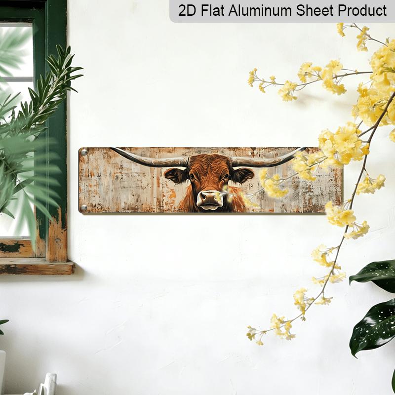 2D Flach - Retro Longhorn Metallwandschild - Langlebiges Westliches Ranch Aluminium Dekoratives Schild, 3,93 x 15,74 Zoll, Bauernhaus Stil Büro Zuhause Hängend