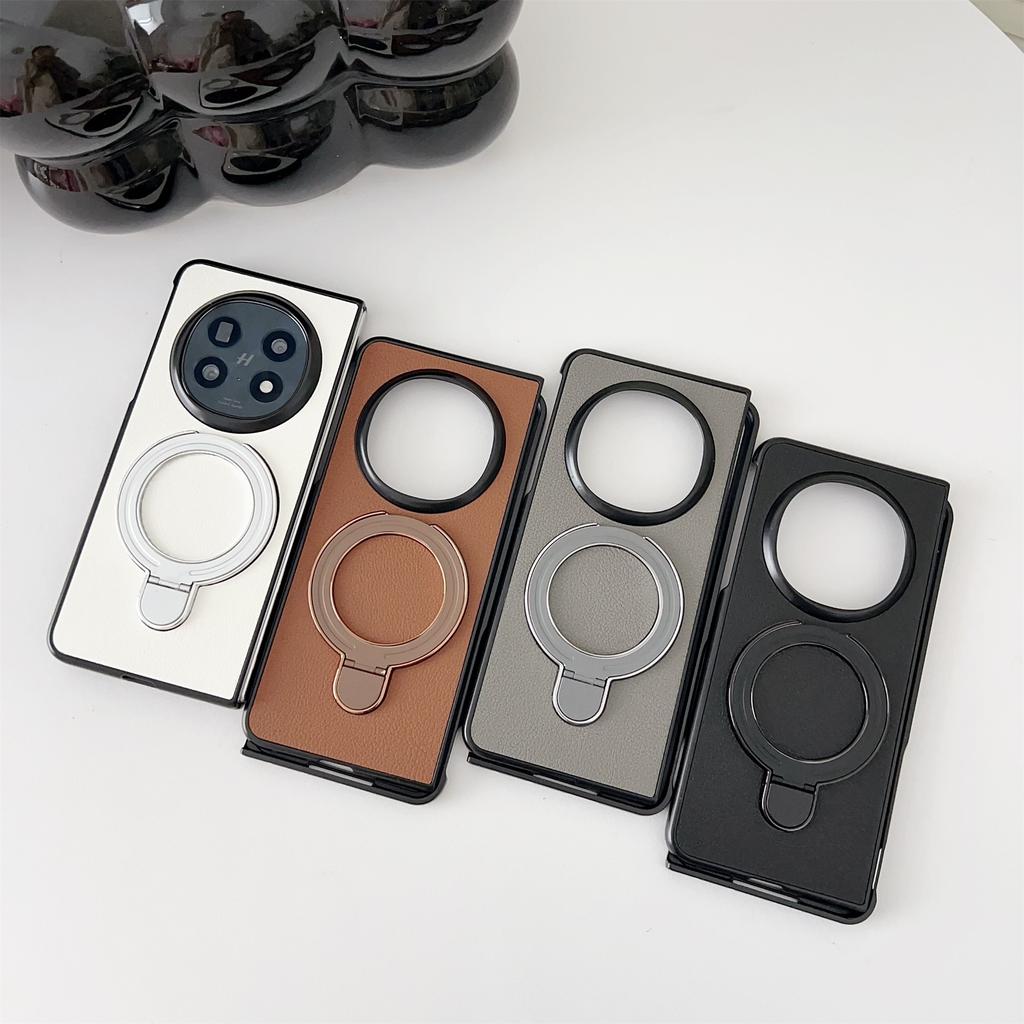 For Oppo Find N5 5G Case Electroplated Ring Kickstand PC + PU Leather Phone Protective Cover