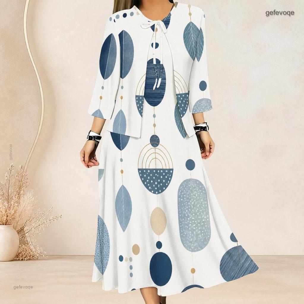 Women Plus Size Abstract Printed Two Piece Dress Set Three Quarter Sleeve Cardigan Sleeveless Long Dress