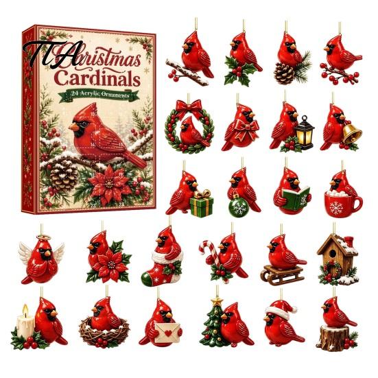 Acrylic Ornament Collection Red Bird Advent Calendar, 24-Day Christmas Countdown Set with Ornaments, 2D Tree Hanging Decor, Holiday Gift for