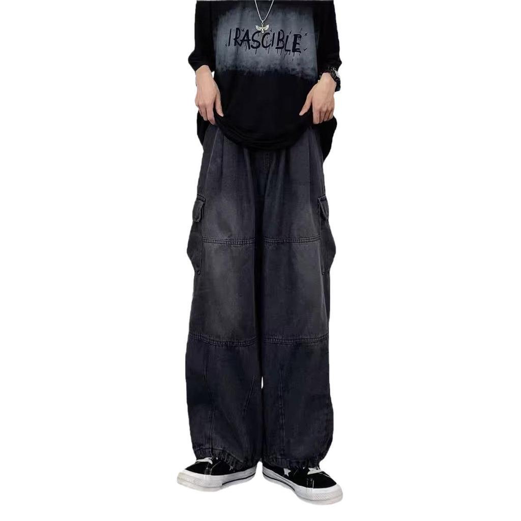 Pantalones de Trabajo Unisex Japoneses Retro de Pierna Ancha - Tendencia de Verano para Hombre, Corte Holgado con Bolsillos Grandes, Jeans de Pierna Recta