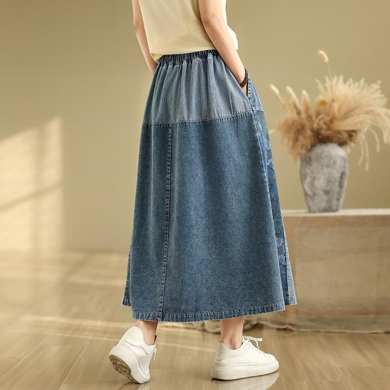 Plus Size Summer Denim Skirts Women Clothing Blue Elastic Vintage A-Line Jeans Skirt High Waist