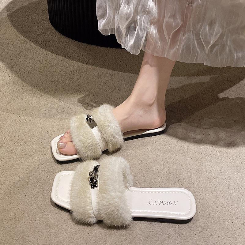 

Slippers women s models 2025 autumn new models high-end low-heeled small fragrant wind Mao Mao mop light and comfortable square head one-word mop 35 бежевый