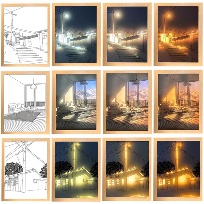 INS Deco Led Light Painting USB Plug Dimming Wall Artwork Table Lamp Gift Indoor Sunlight Window Wooden Photo Night Luminous