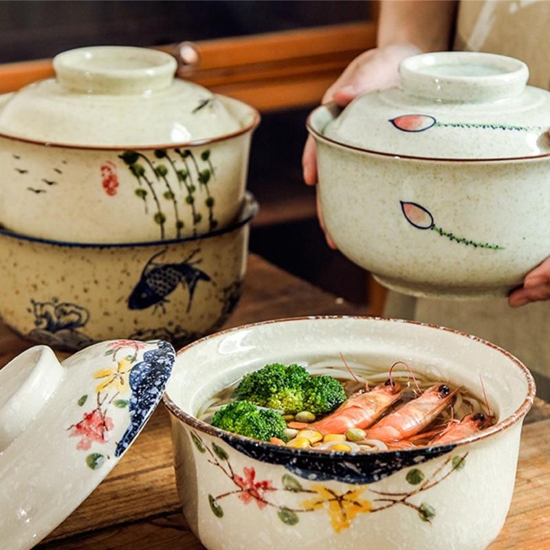 Elegant Ceramic Ramen Noddle Soup Bowl with Lid Microwave Oven and Dishwasher Safe for Formal Dining and Daily Activity