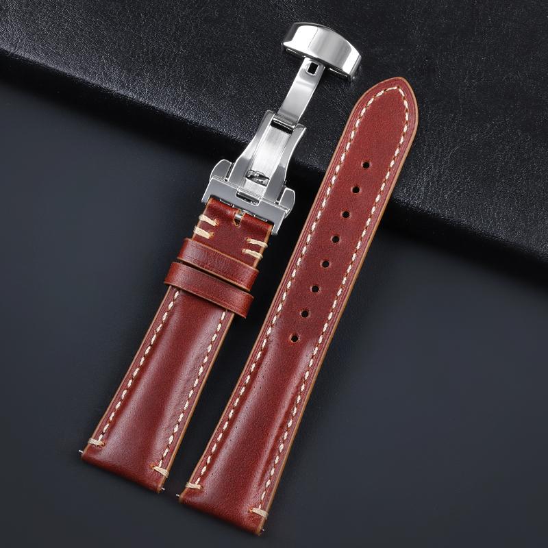 Echtes Leder Uhrenarmband 20/22/24mm Uhrenarmband Edelstahl Faltschließe Armband Gürtel für Herren Rot Schwarz Grün Blaues Band