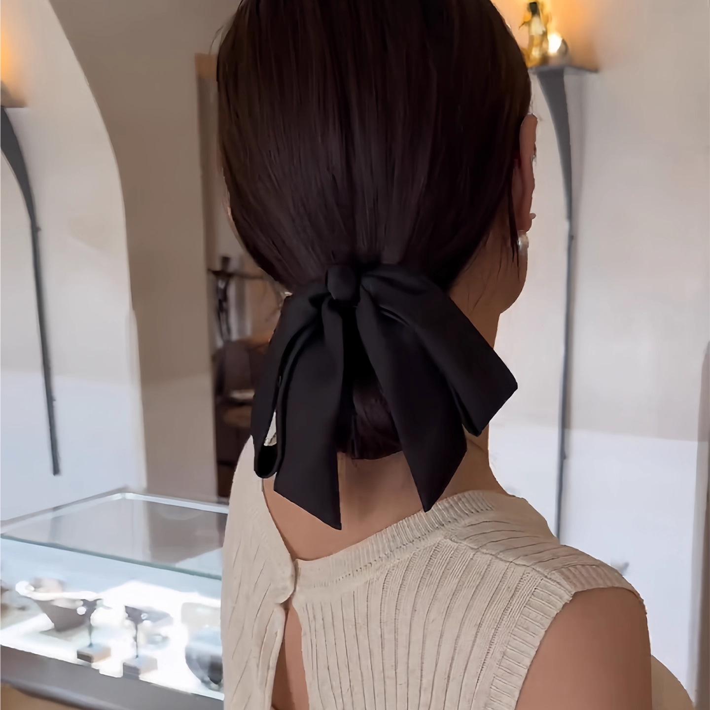Elegant French Black Satin Bow Clip for Hair Buns