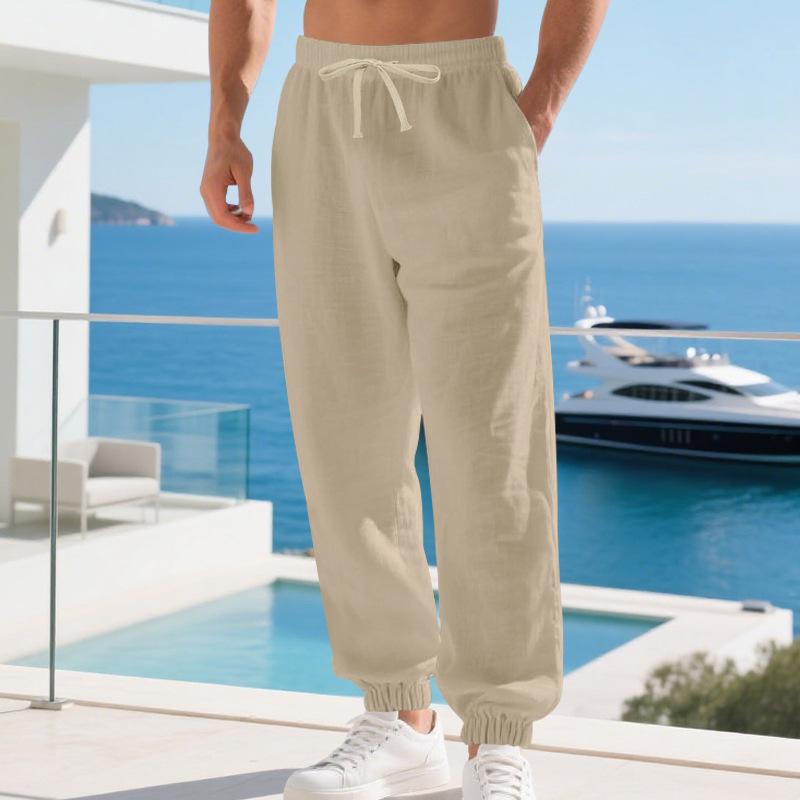 European and American men's linen casual loose leggings cotton and linen breathable simple beach pants