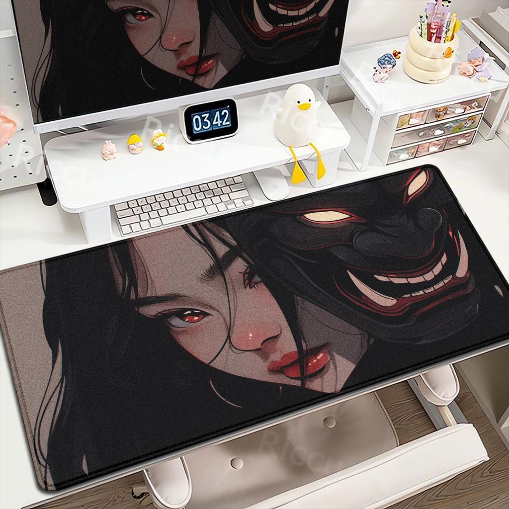 Anime Mädchen Samurai Oni Maske Mauspads Groß Computer Gaming Zubehör 400x900mm Gamer Professionell Premium Mauspads Schreibtischunterlagen
