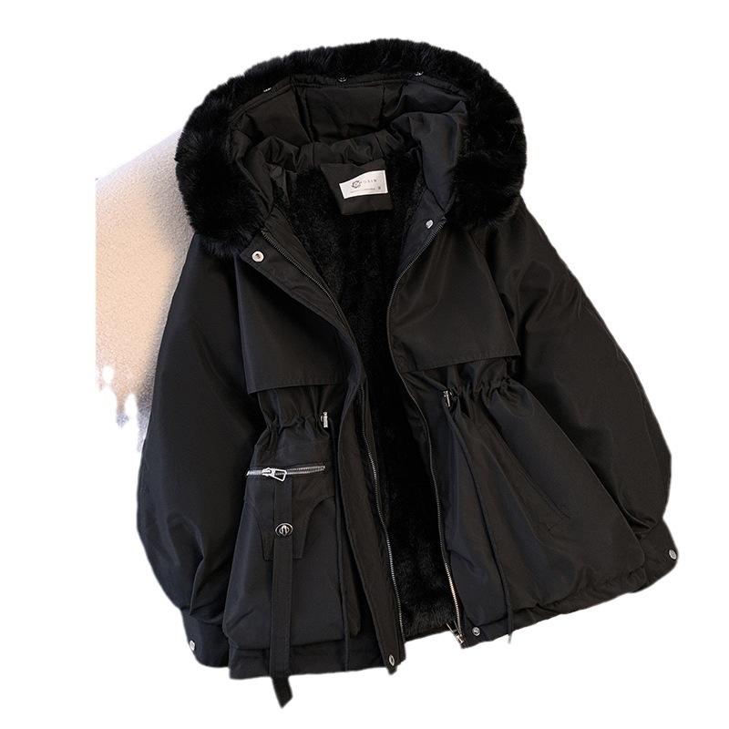 Fleece Lined Winter Coat Women Short Trench Parkas Belted Waist Thick Warm Puffer Jacket