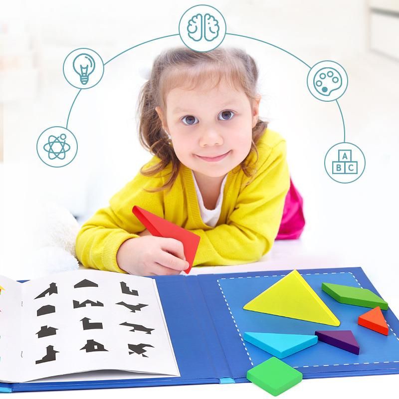 Magnetic 3D Puzzle Book Geometric Shapes Tangram Jigsaw Board Kids Montessori Games Baby Educational Wooden Toys Gifts For Kids