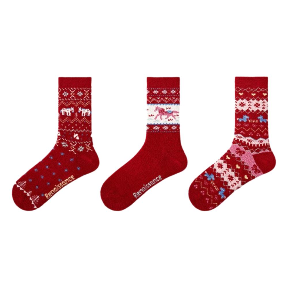 3 Pair Cotton Snow Boot Socks Knitted Middle Tube Socks Female Elastic Striped Socks New Year Gift