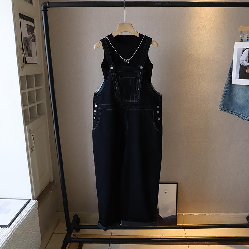 

[Би Чжэн] 2025 Весенний Модный Молодящий Женский Повседневный Джинсовый Комбинезон в Корейском Стиле - Модель 3666 One Size чёрный/золотой