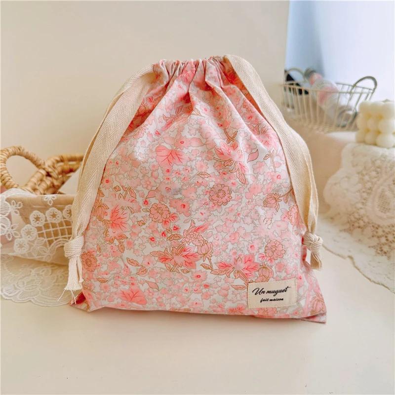 1pcs Forest Style Handmade Floral Cotton Drawstring Bag Vintage Storage Pouch for Underwear Travel Organizer Pouch