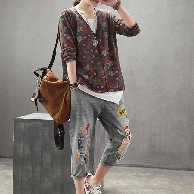 

Весенне-осенний винтажный кардиган с принтом, свитер, женский вязаный свитер в этническом стиле, пальто S