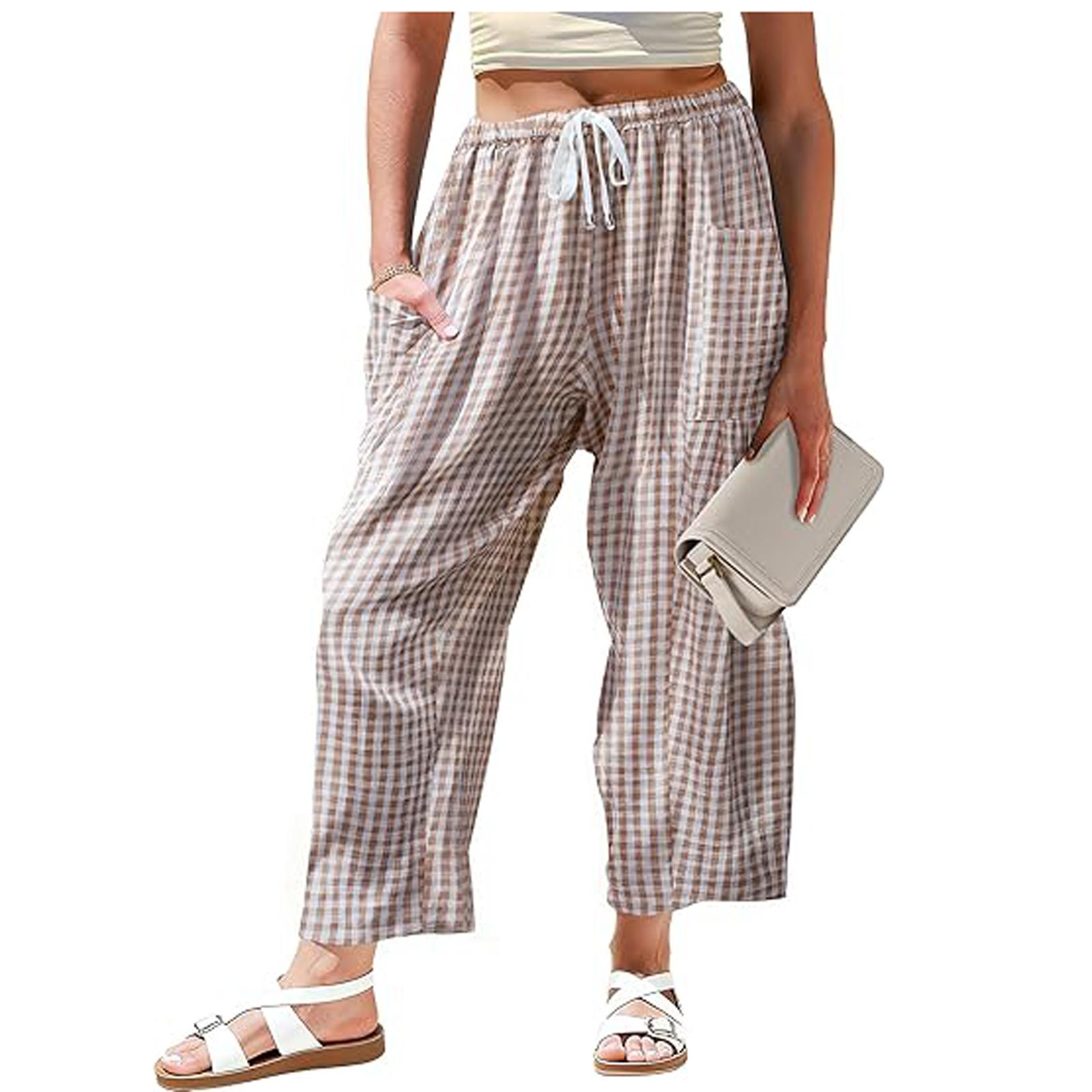 

Women Elastic High Waist Pant Casual Fit Wide Leg Long Pants Trousers With Pockets L