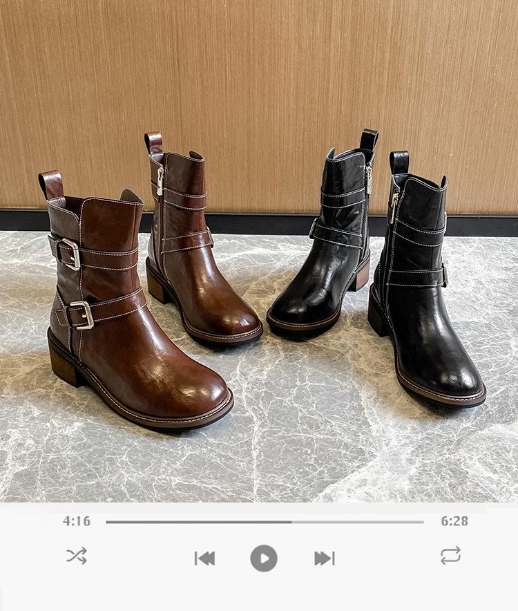 Maillard Retro Distressed Chunky Heel Ankle Boots, Women's Versatile Spring/Autumn Buckle Round Toe Thick Sole Knight Boots