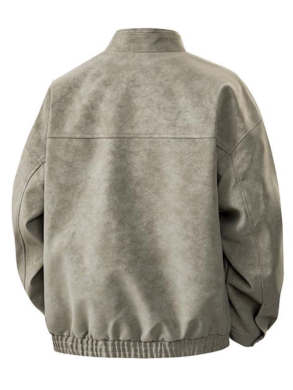 Men's Gray PU Leather Stand Collar Retro Workwear Jacket for Spring/Autumn