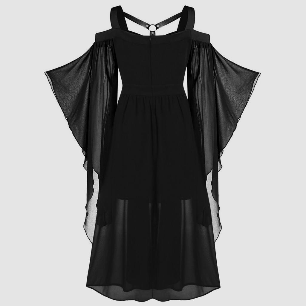 Gothic Asymmetrical Patchwork Halloween Witch Suspender Strap Big Swing Maxi Dress for Women