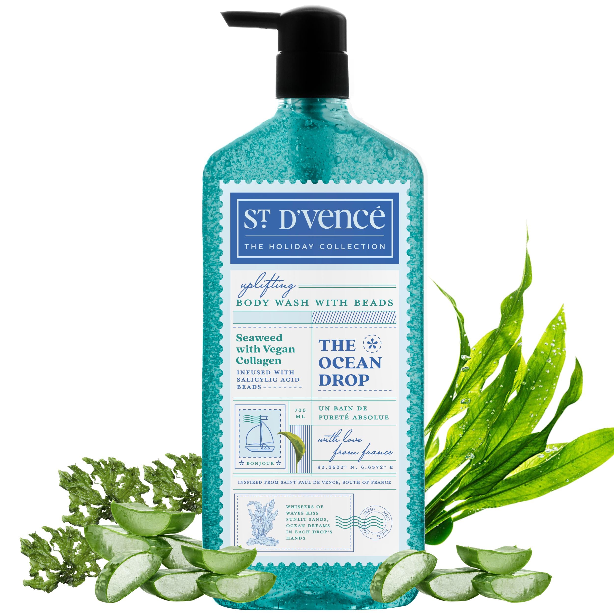 

ST. D VENCE Refreshing Ocean Drop Salicylic Acid Body Wash Shower Gel For Women & Men with Seaweed & Vegan Collagen | Paraben & Sls Free | Exfoliating