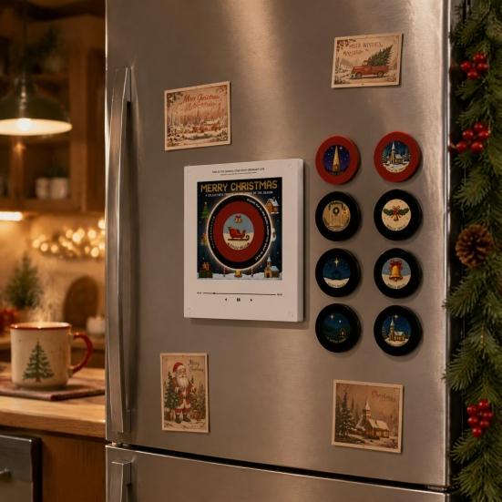 Vintage Style Desk Accessory Programmable Vinyl Record Player Fridge Magnet with 9 NFC Music Records, Retro Aesthetic Magnetic Office Atmosphere Decor