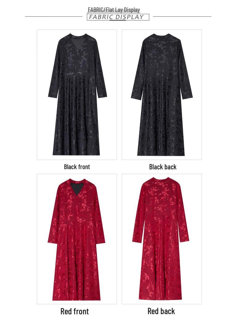2026 Spring Plus Size Women's V-Neck Long Sleeve Slimming Wide Hem Dress