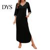 Casual Dress Women Maxi with Side Pockets V Neck 3/4 Sleeves Loose Slit Hem Solid Color Patchwork Pullover Beach
