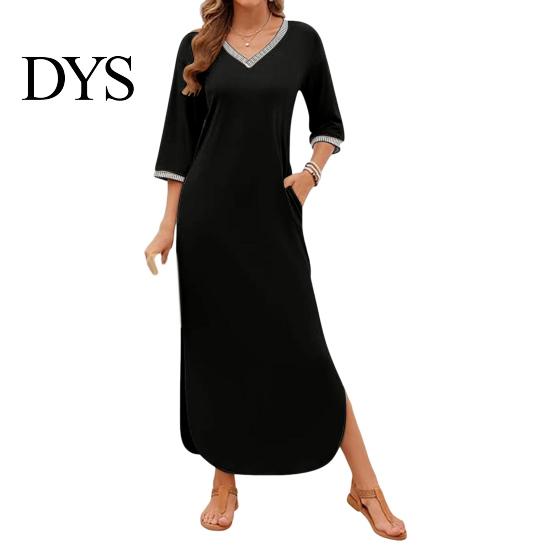Casual Dress Women Maxi with Side Pockets V Neck 3/4 Sleeves Loose Slit Hem Solid Color Patchwork Pullover Beach